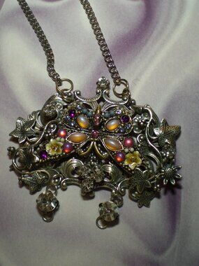 Exquisite Silver Oxidized Metal and Crystals Butterfly Pendant